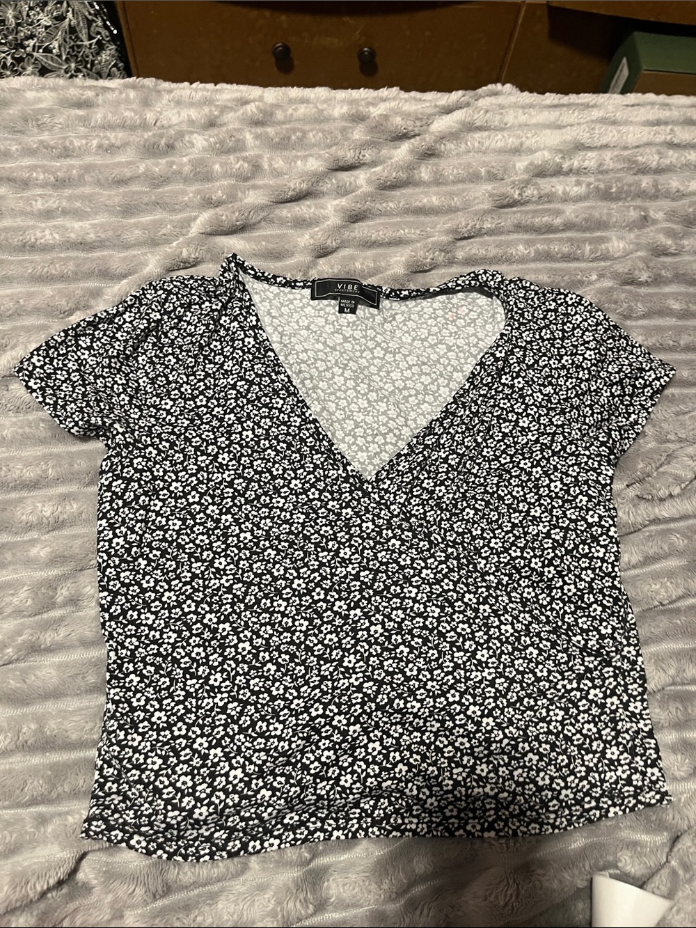 Vibe Black & White Floral Wrap-Style Crop Top